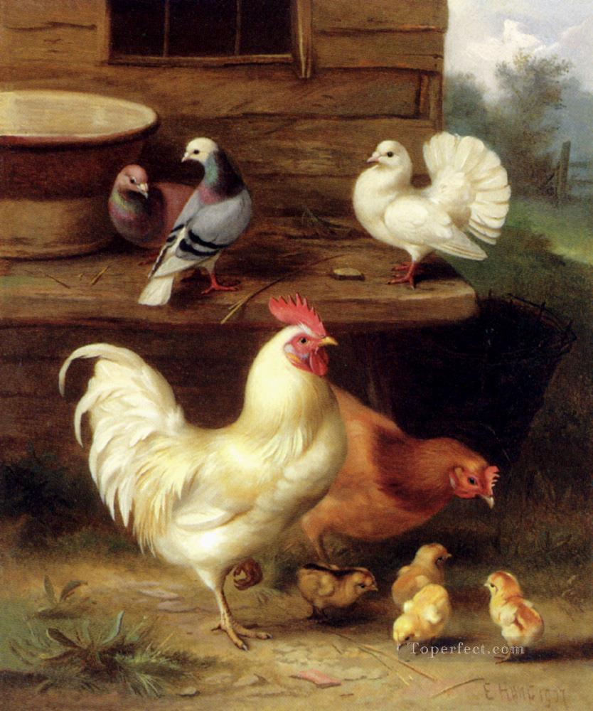 鶏の雌鶏とハトのひよこ 家禽の家畜小屋 エドガー・ハント油絵